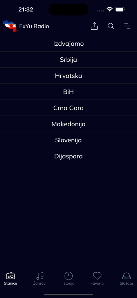 ExYu Radio App Hauptmenü mit Radiosender-Kategorien für Serbien, Kroatien, Bosnien und mehr