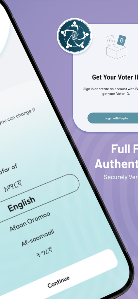 Screens from the Mirchaye app showing multi-language selection and the Fayda login for voter ID registration.