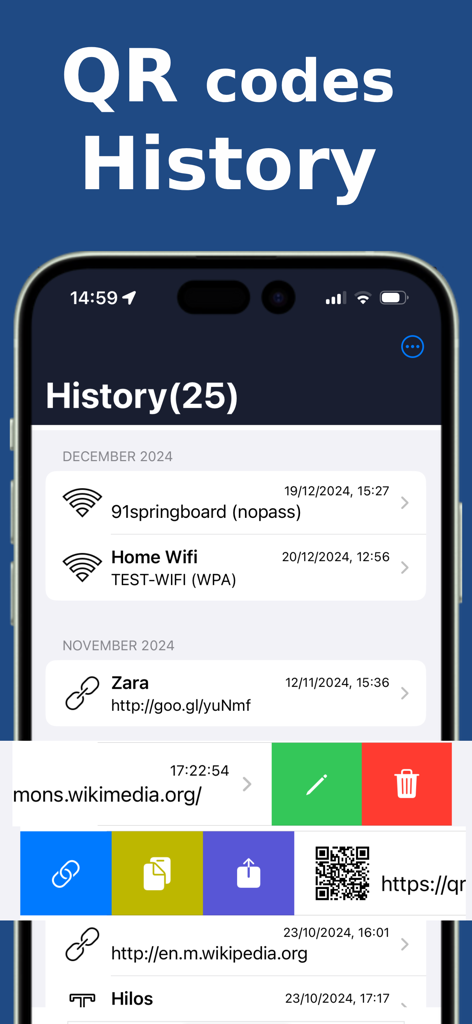 Easy QR Pro : QR Scanner - La pantalla de historial de Easy QR Pro que muestra una lista de códigos QR escaneados para WiFi y sitios web.