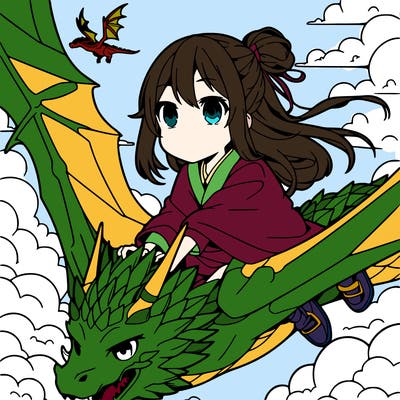 anime girl riding dragon through sky