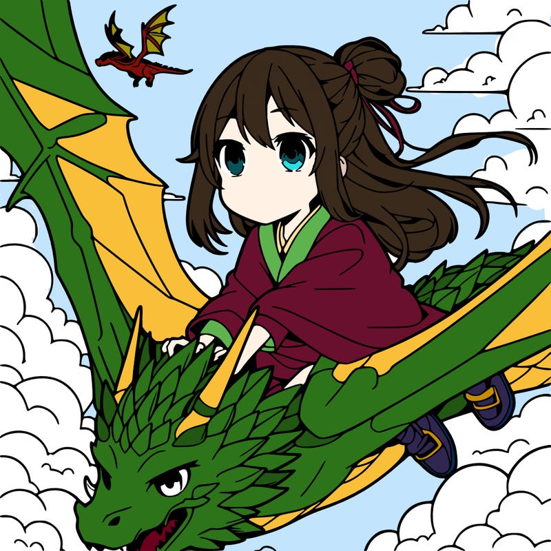 anime girl riding dragon through sky