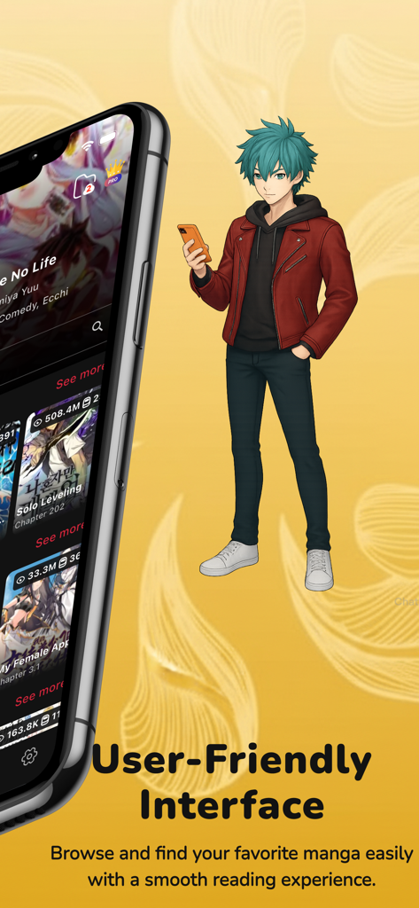 Manga Reader - Top Manga - Screenshot of Manga Reader app displaying its user friendly interface with popular manga titles and an anime character illustration