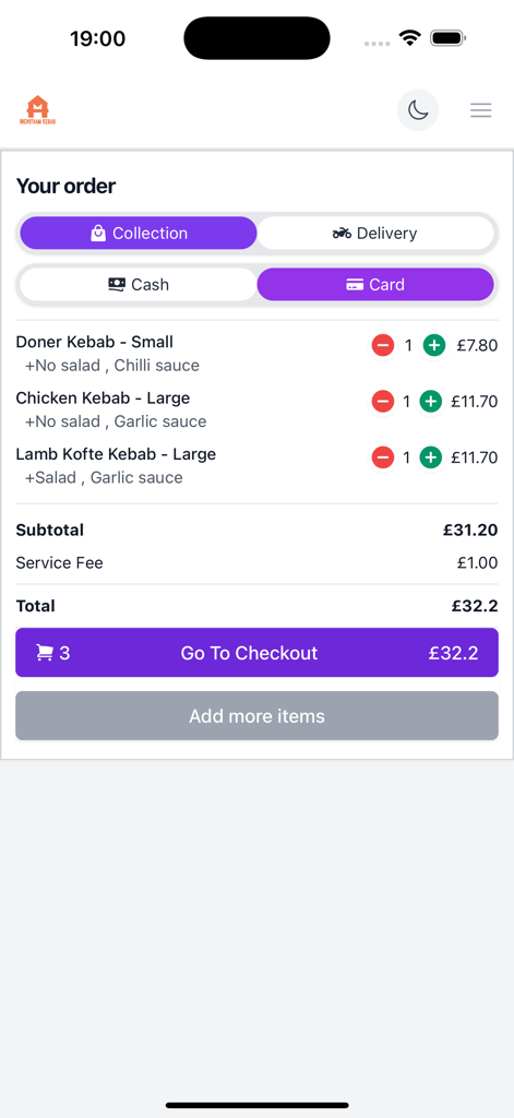 Merstham Kebab House - Merstham Kebab House mobile app checkout screen showing order items and total price