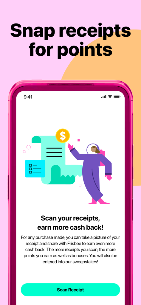 Frisbee app interface showing how to snap receipts for points and cash back