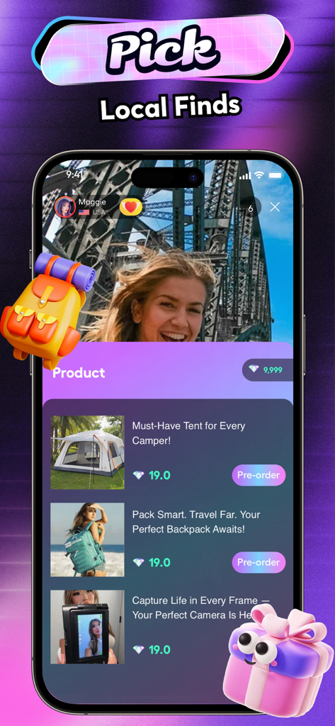 Interfaz de la aplicación Terol que muestra una transmisión en vivo con productos de viaje locales disponibles para pre-pedido
