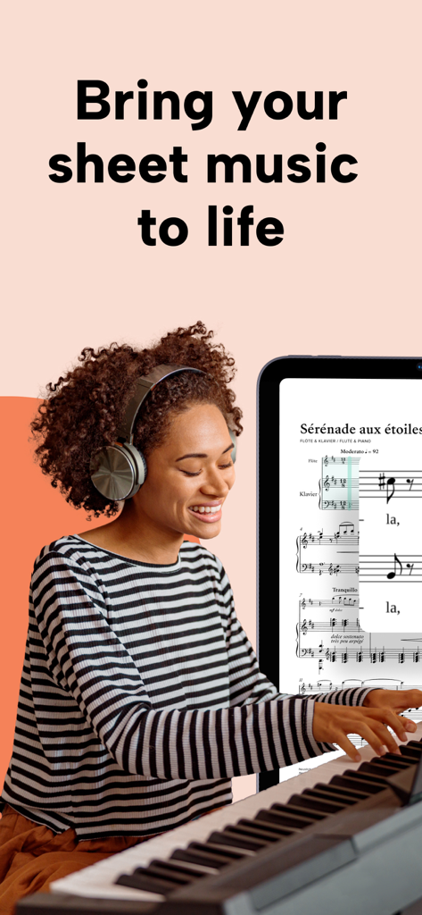 Newzik: Sheet Music Reader - Woman playing piano and using Newzik digital sheet music reader on an iPad