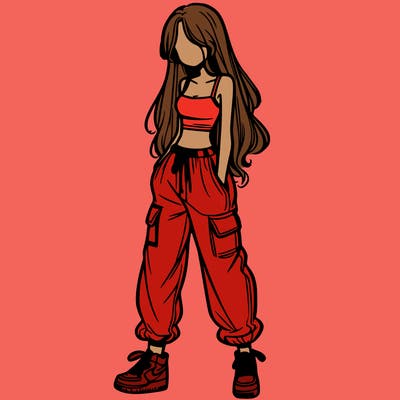 girl in baggy pants crop top and long hair