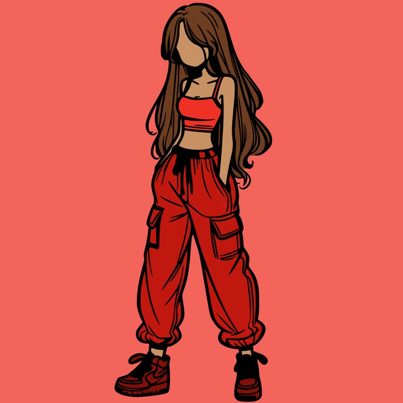 girl in baggy pants crop top and long hair