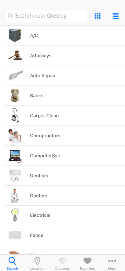 Una lista de categorías de búsqueda de negocios que incluyen Abogados, Reparación de Autos y Médicos en la interfaz de la aplicación SRT Minot Phone Directory.