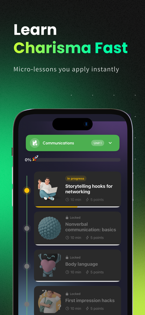 CharmXP: AI Charisma Coach - CharmXP app screen showing micro-lessons for charisma and communication skills