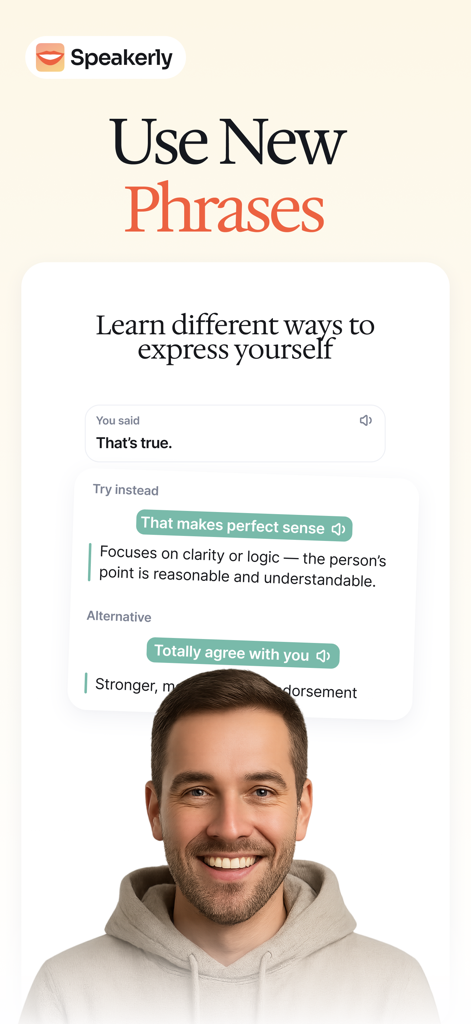 Speakerly AI app interface showing alternative English phrases for professional conversation