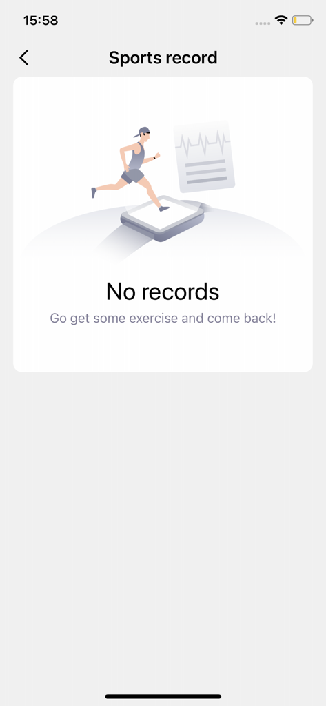 The sports record screen of the MTWEAR Pro app showing an illustration of a runner and a message indicating no exercise records are available.