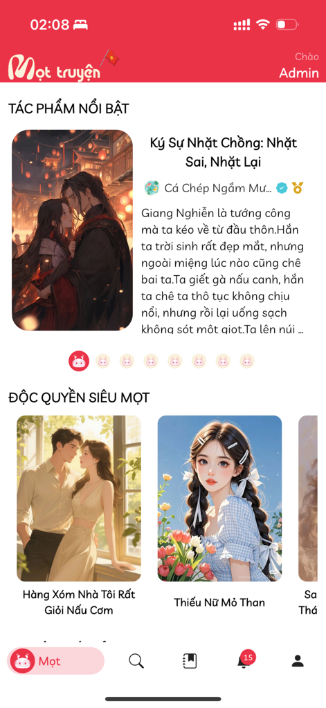 Mọt Truyện - Home screen of the Mot Truyen app showing featured Vietnamese stories and novel covers.