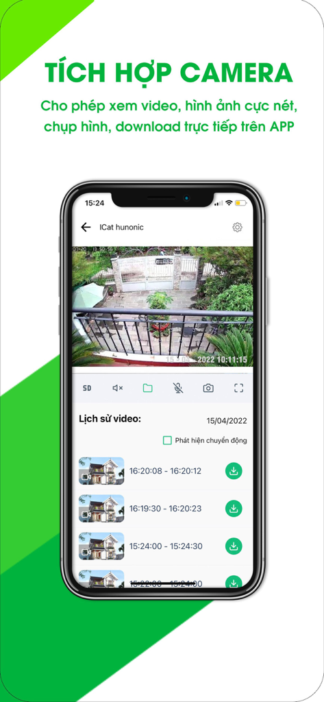 Capture d'écran de l'application Hunonic montrant l'intégration de caméras de sécurité avec flux vidéo en direct et historique des événements enregistrés