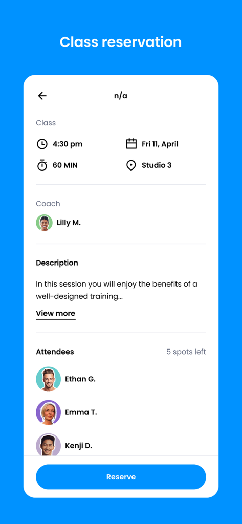 A mobile app screen for CompTrain New England showing class reservation details including time, coach name, and a list of attendees.