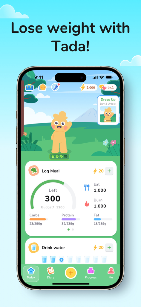 Panel de la aplicación de pérdida de peso Tada que muestra un personaje compañero lindo y rastreadores diarios de comidas y agua.
