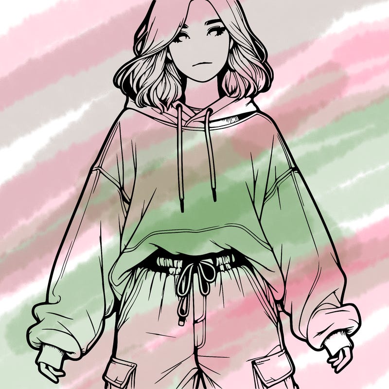 realistic girl in sweatshirt and cargo pants