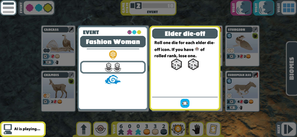 Neanderthal board game Premium - Gameplay screenshot of Neanderthal board game showing strategy cards and an active event card