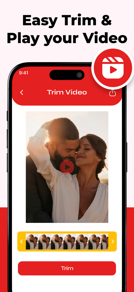 Schermata mobile che mostra uno strumento di ritaglio video con una timeline dei fotogrammi e un pulsante di ritaglio