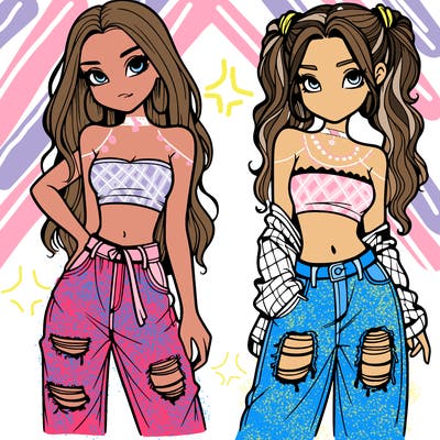 2 girls in crop tops and baggy jeans ripped