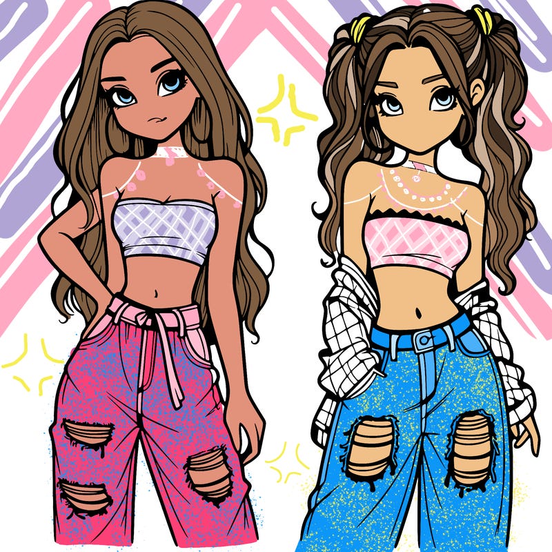 2 girls in crop tops and baggy jeans ripped