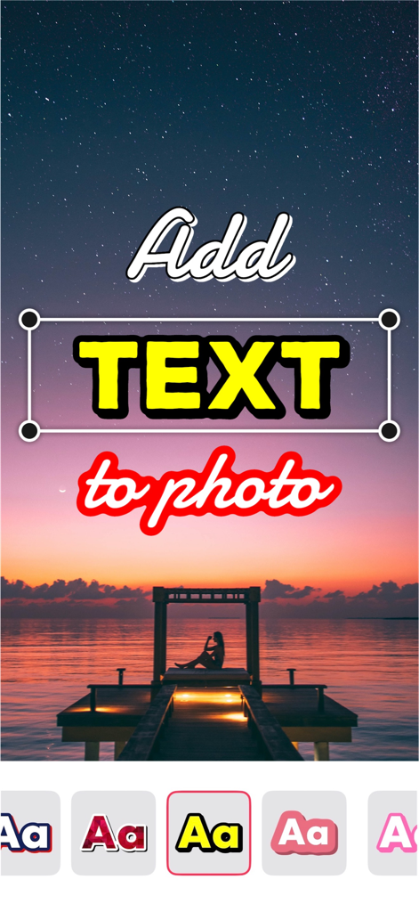 TextArt - Text on Photo Editor - TextArt app interface showing how to add stylized text to a sunset photo with font style options