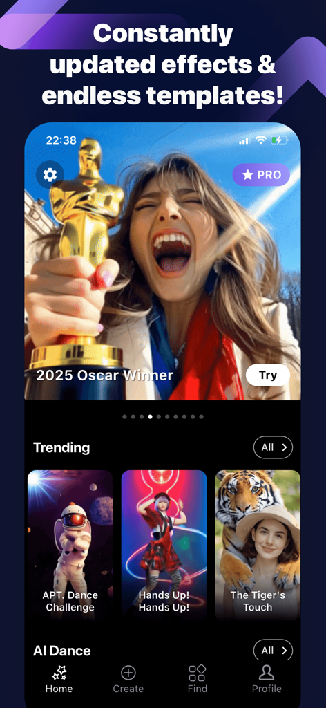 SnapVibe mobile app interface featuring AI video templates and trending creative effects