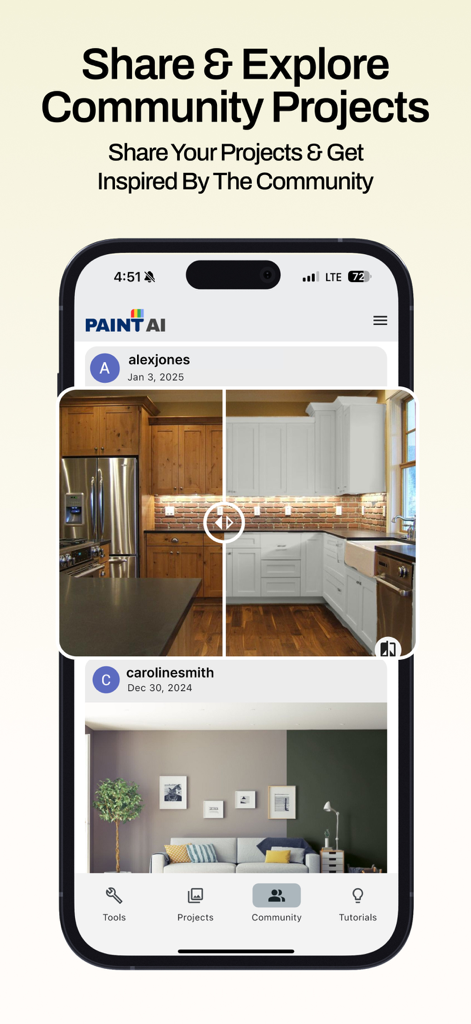 Paint AI - Color Visualizer - Paint AI App-Community-Oberfläche, die Benutzer-Renovierungsprojekte und Inspirationen anzeigt
