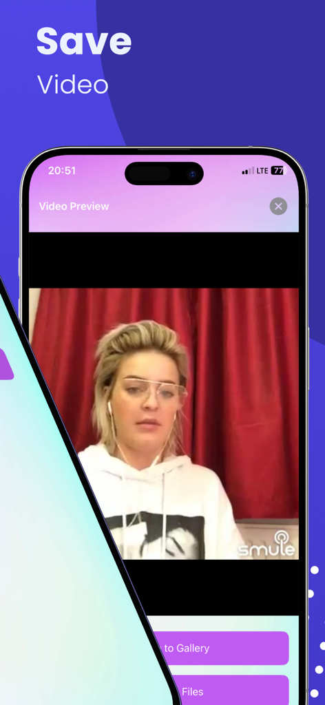 Karaoke Video Saver - iPhone screen displaying the Karaoke Video Saver app with a video preview and option to save to gallery