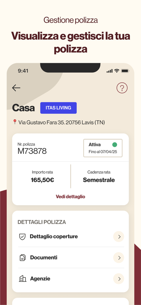 ITAS assicurazioni - Interfaccia dell'app ITAS Assicurazioni che mostra la gestione della polizza assicurativa sulla casa con stato e documenti