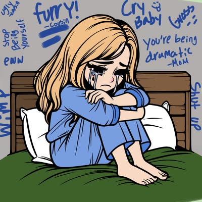 realistic girl crying on her bed over a break up