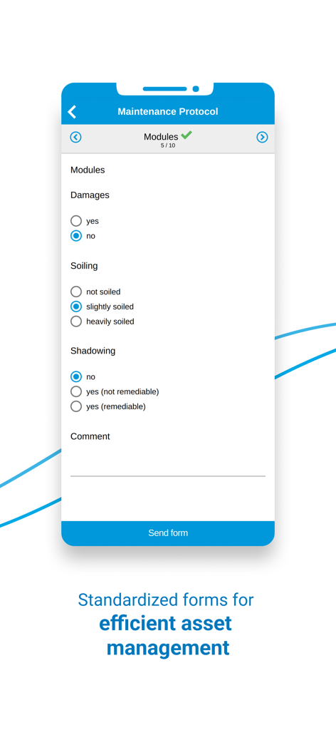 Digital maintenance protocol form for solar modules within the VCOM O&M app interface
