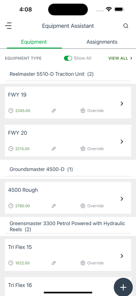 Turf Assistant app interface showing golf course maintenance equipment fleet and hour tracking