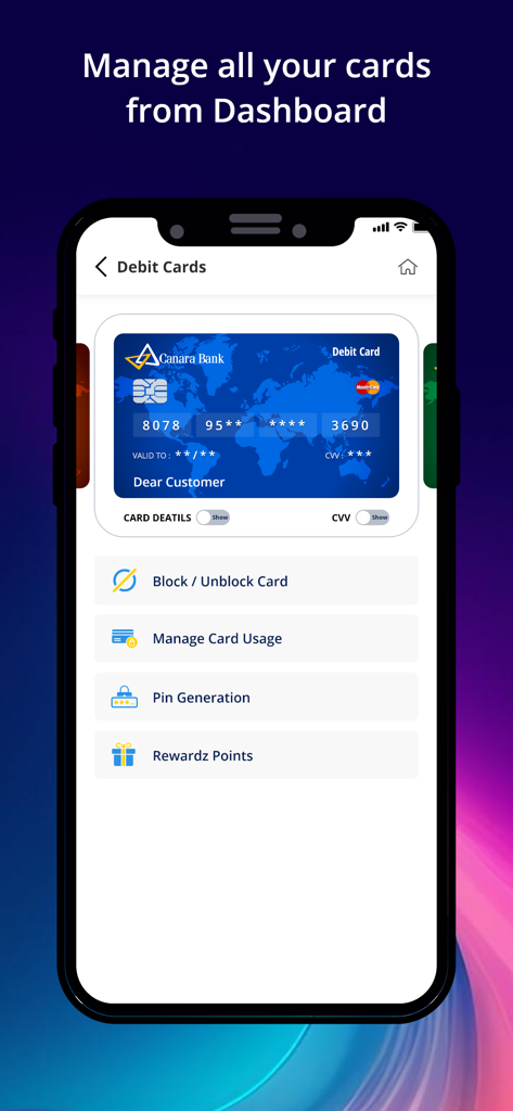 Canara ai1 mobile app screen for managing debit cards with options to block or unblock cards