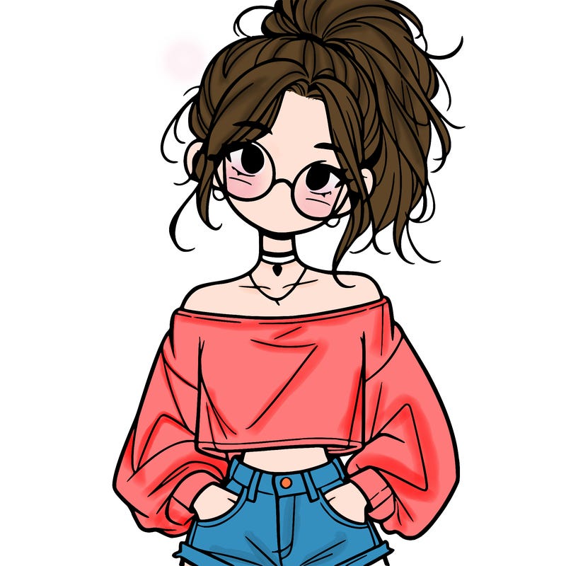 girl with a messy ponytail glasses a baggy crop top and jean shorts