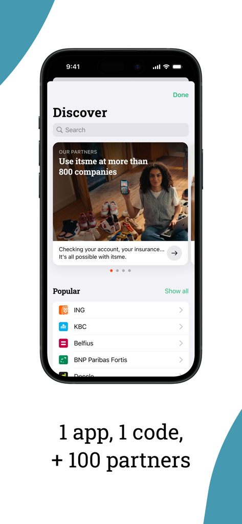 itsme - Smartphone screen showing the itsme app Discover page with popular banking partners for secure authentication