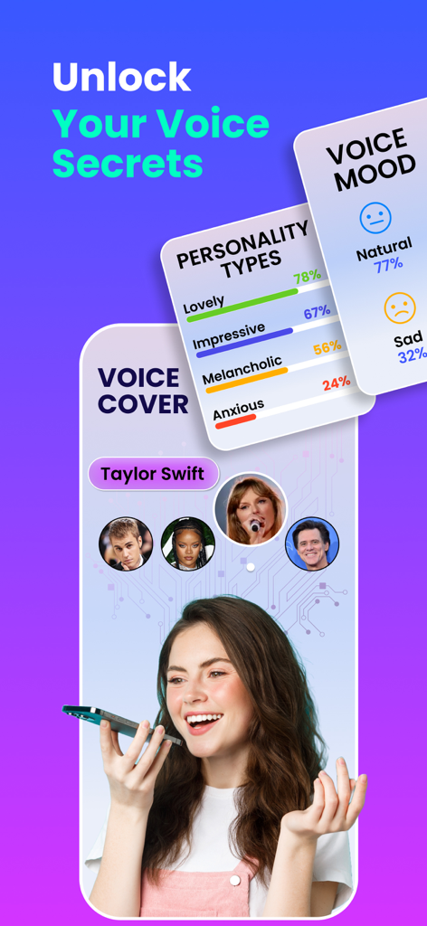 Echo ai: Voice Analyzer, Clone - App interface of Echo ai showcasing voice analysis for personality types, mood, and celebrity voice cloning features.