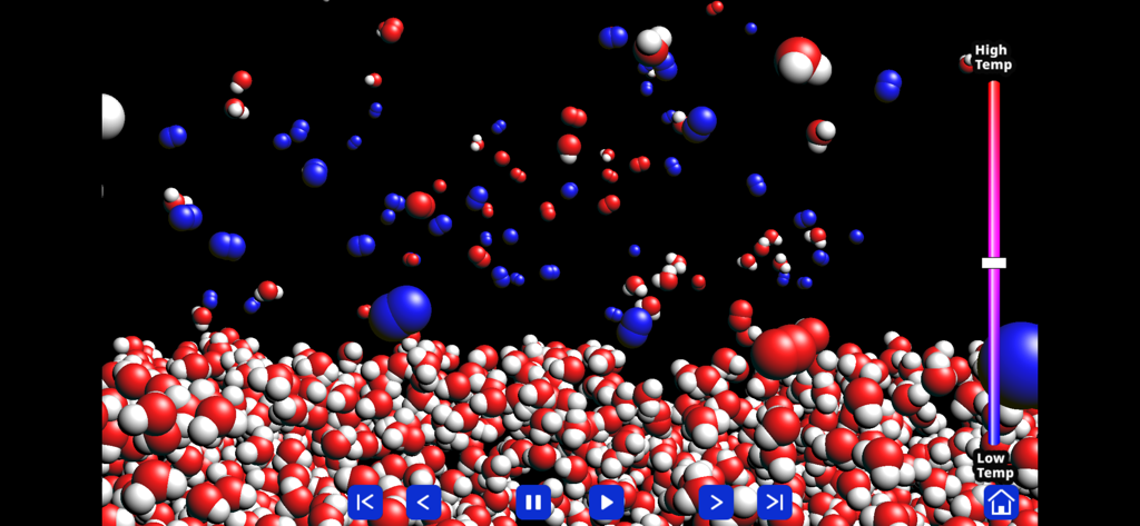 If You Could See an Atom - Uma simulação 3D de moléculas em movimento com uma barra de controle de temperatura e configurações de reprodução
