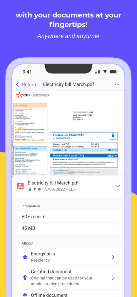 Digiposte app interface showing a stored utility bill PDF with document attributes and residency verification details