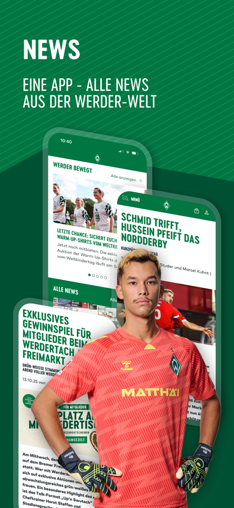 SV Werder Bremen - Schermata delle notizie dell'app mobile SV Werder Bremen con aggiornamenti del club e foto dei giocatori