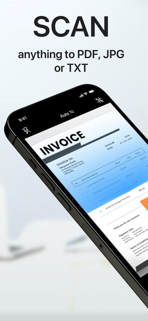 A smartphone using the PDF Scanner App to scan a paper invoice with text overlay saying scan anything to PDF JPG or TXT