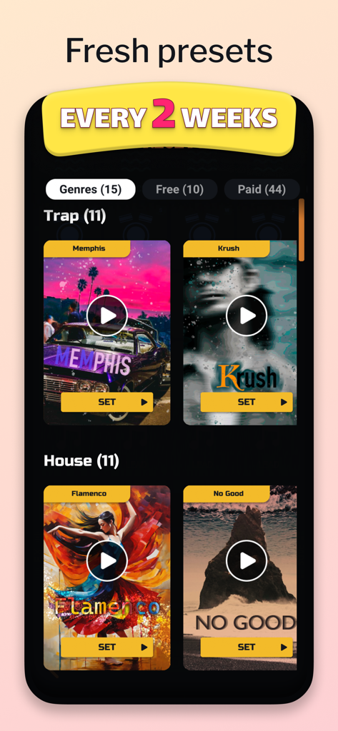 Rhythm Pads – Music Board - Interfaccia dell'app Rhythm Pads che mostra categorie di generi musicali e aggiornamenti bisettimanali dei preset
