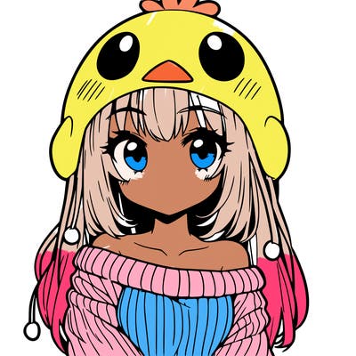 anime girl with chick shaped hat with sweater with bare shoulders with bangs covering them one eye with low tail
