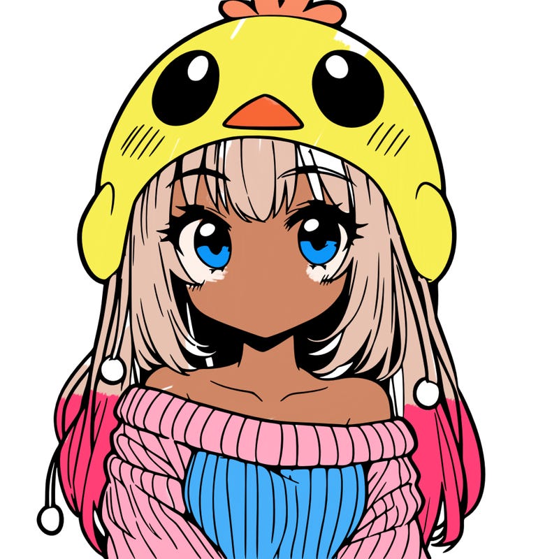 anime girl with chick shaped hat with sweater with bare shoulders with bangs covering them one eye with low tail
