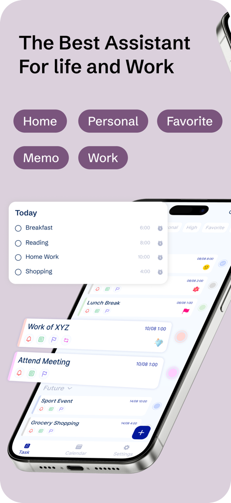 To-Do List - Schedule Planner - To-Do Liste App-Oberfläche, die tägliche Aufgaben und Kategorien für die Organisation von Leben und Arbeit anzeigt