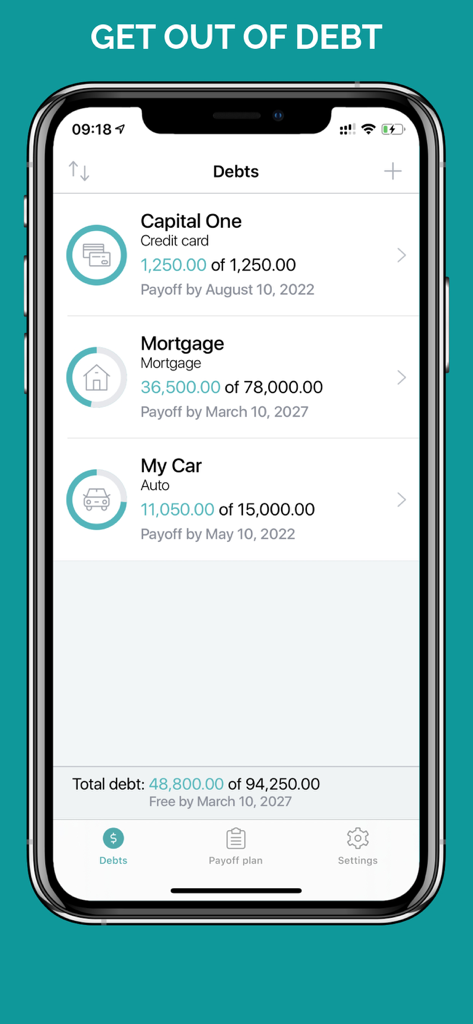 Debt Free Box: Snowball Payoff - A smartphone screen displaying the Debt Free Box app with a list of active debts and their payoff progress