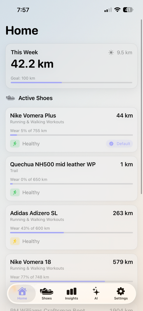 ShoeTrack - Dashboard of the ShoeTrack app showing weekly mileage progress and a list of active shoes with their respective distance and wear percentages.