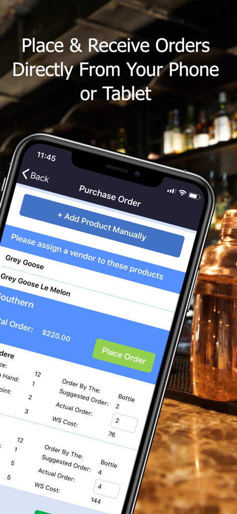 Bar Patrol Inventory App - Smartphone showing the purchase order screen in the Bar Patrol inventory app.