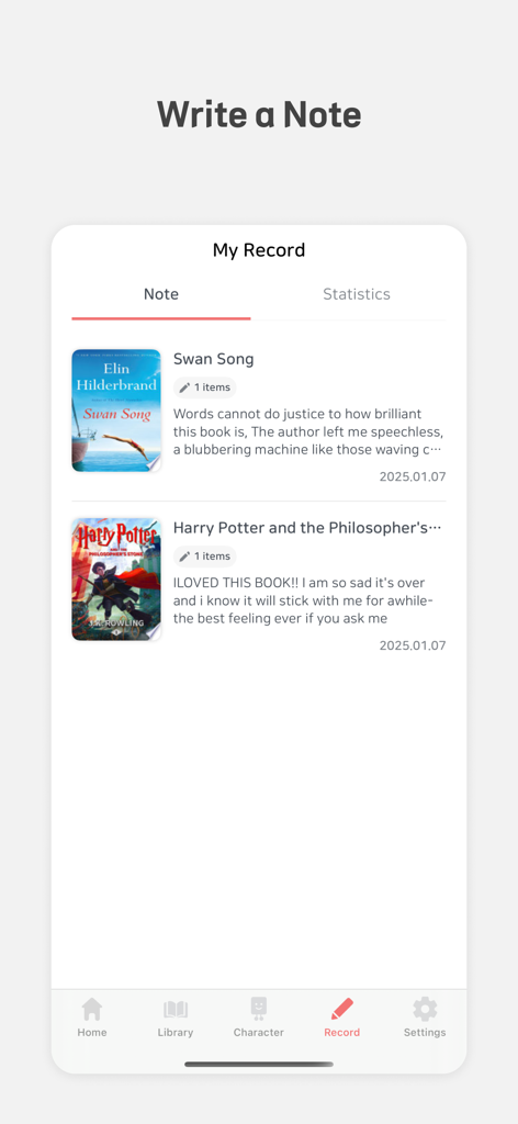 A list of personal book notes and reviews within the Book Towers app showing reading progress and dates.