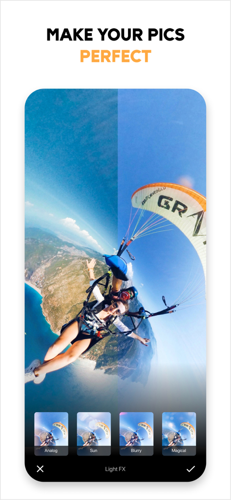 Photo Editor Effects + Filters - A paragliding photo being edited with various light effects and filters in the mobile app interface